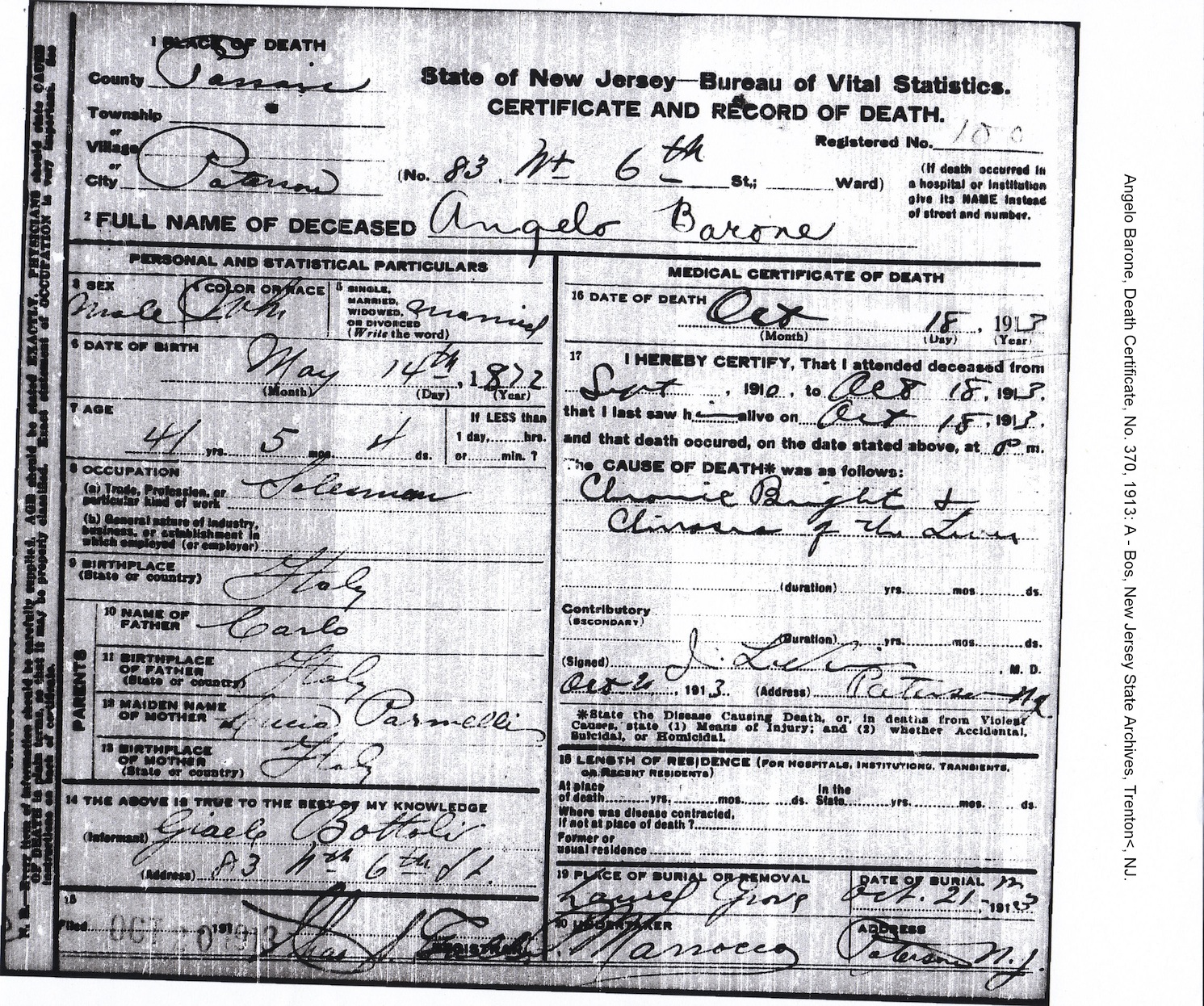 The Death Certificate of Angelo Anthony Baroni - The Hayes Family ...